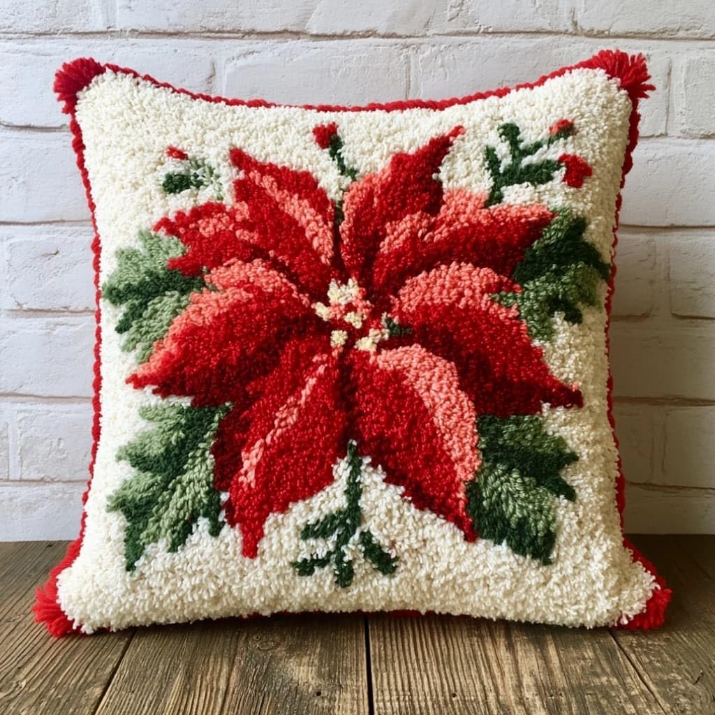 Taxpy Latch Hook Cushion Kits Poinsettia 17X17 Inch