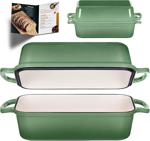 11x5 Inch Cast Iron Bread Pan with Lid, Large Loaf Pans for Sourdough Bread Baking, Even Heat Distribution Dutch Oven Loaf Pan for Homemade Bread, Meatloaf (5.8Qt, Pistachio)