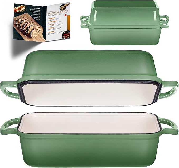 11x5 Inch Cast Iron Loaf Pan with Lid, Large Loaf Pans for Sourdough Bread Baking, Even Heat Distribution Dutch Oven Bread Pan for Homemade Bread, Meatloaf (5.8Qt, Pistachio)