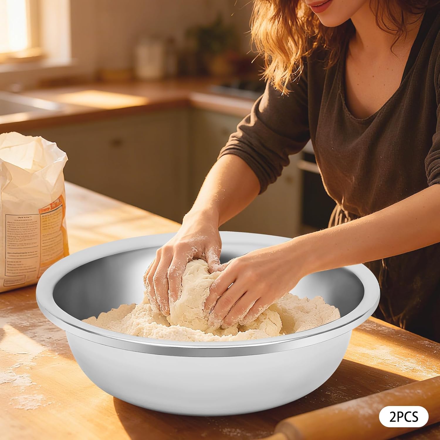 Stainless Steel Mixing Bowls, Kitchen Large Capacity Mixing Bowls, Extra Large Basin Salad Basin, Dishwasher Safe, Mirror Finish for Home and Commercial, Silver (18.9in-2pcs)