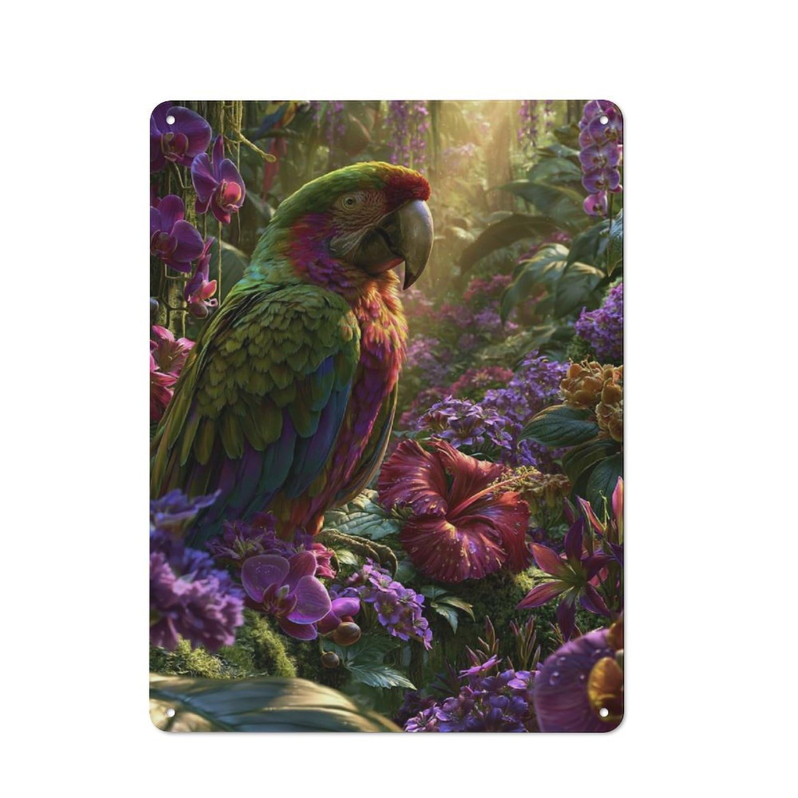Vintage Tin Sign 40x30cm with Vibrant Macaw in A Lush Tropical Rainforest for Hobby Room Or Studio, for Metal Sign Collectors, for Garage And Workshop Walls