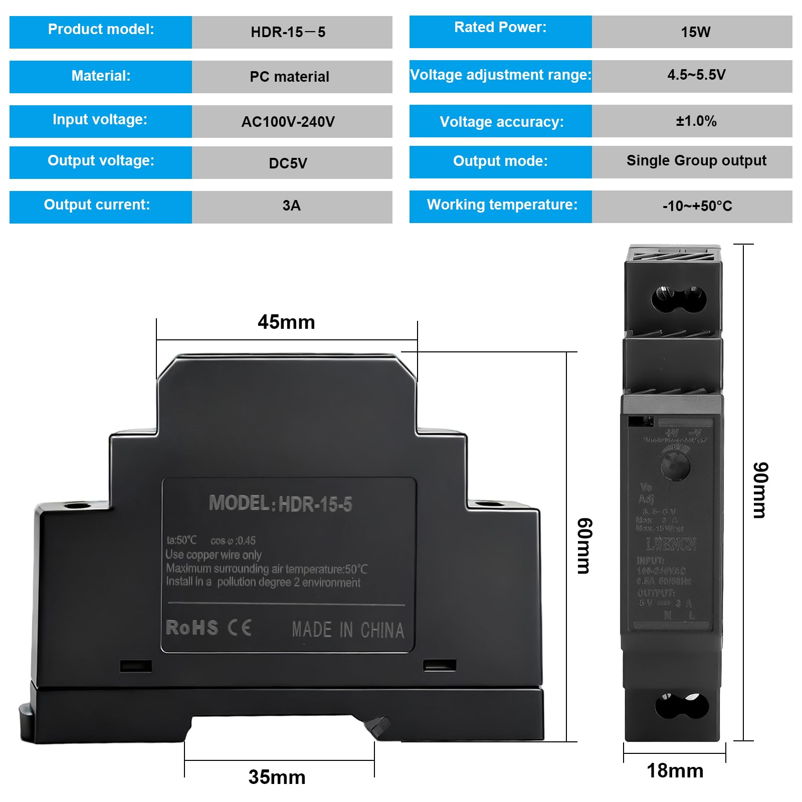 Zasilacz na szynę montażową 5 V DC 3 A 15 W – zasilanie na szynie DIN 100–240 V AC 50/60 Hz – kompaktowy transformator przemysłowy do automatyki domowej, szafy sterowniczej i oświetlenia LED