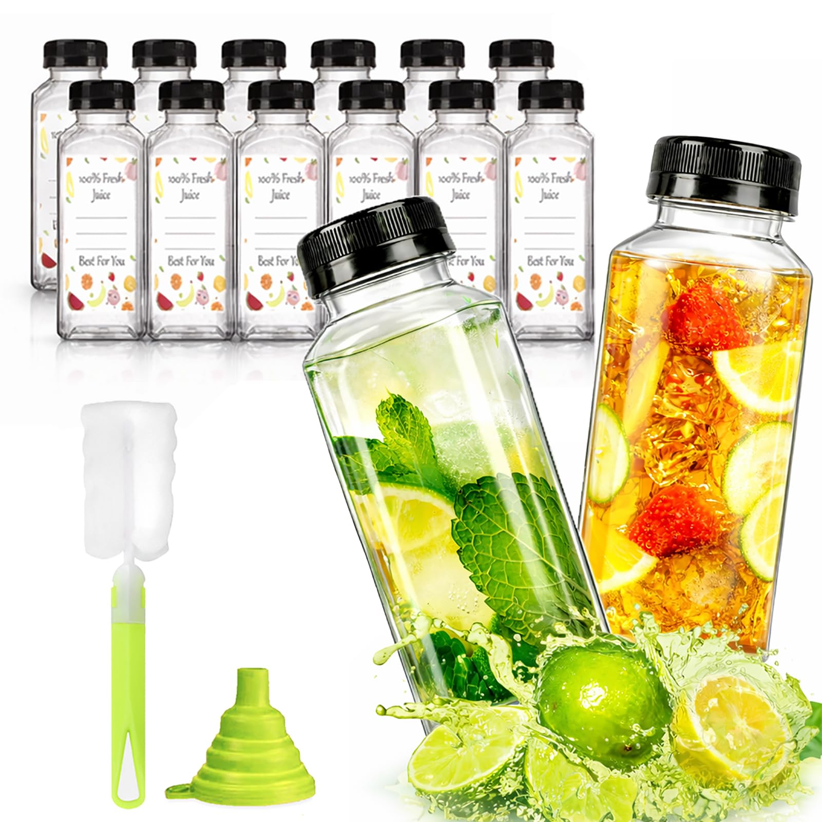 Bouteille en plastique pour jus avec couvercles inviolables noirs et kit de nettoyage complet