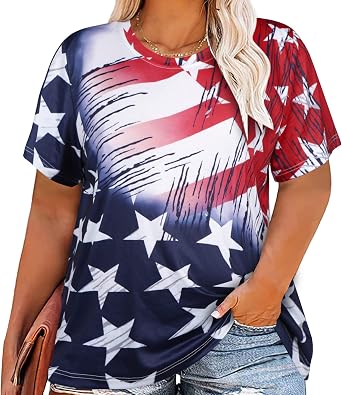 ALLTB Plus Size American Flag Shirt Women 4th of July Tee Shirt USA Stars Stripes T-Shirt Patriotic Summer Tunic Tops