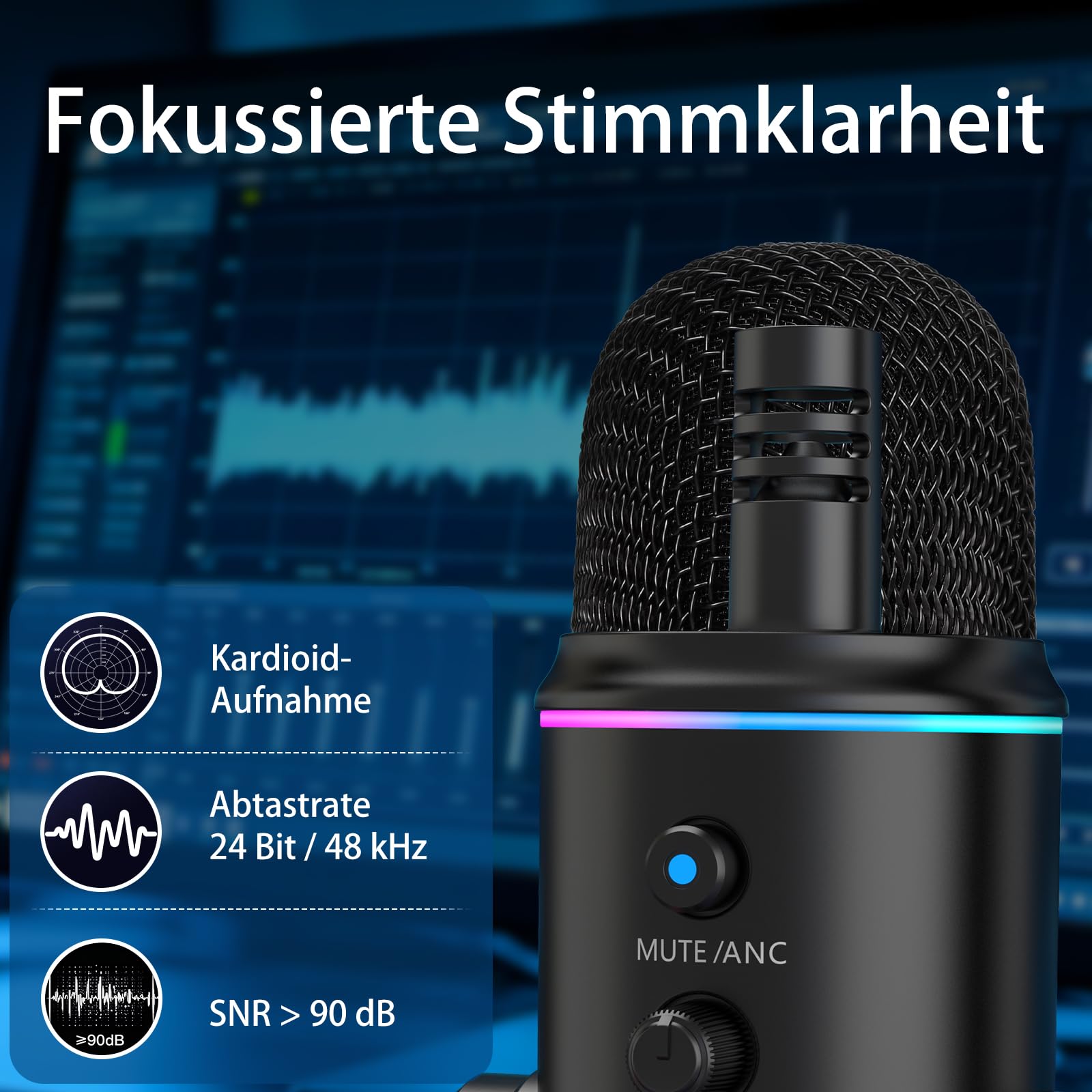 zealsound USB Mikrofon für PC & Smartphone, Plug & Play Podcast Mikrofon mit Rauschunterdrückung, Stummschaltung & Verstärkungsregelung, Desktop Kondensatormikrofon für Gaming, Streaming & Aufnahmen