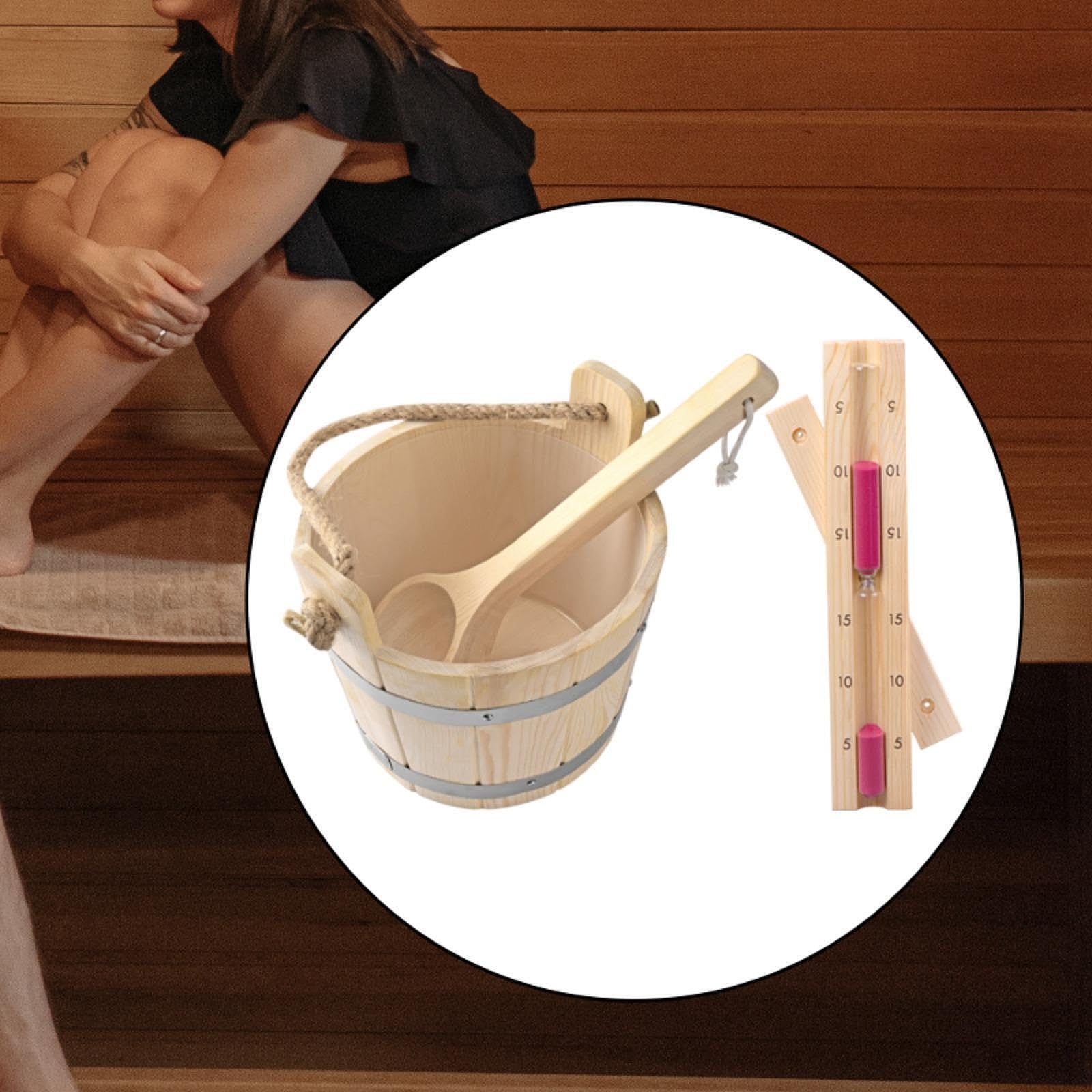 Cubo de sauna con cucharón y temporizador de reloj arena 5 l, complemento para cualquier sauna vapor relajante, kit accesorios herramientas portátiles, resistente y accesorios