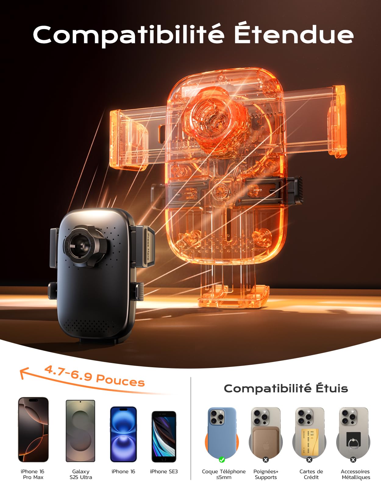 Mohard Support Téléphone Voiture Induction, 15W Chargeur Induction Voiture Charge Rapide, Ventouse Puissante & 360° Rotation, Chargeur sans Fil Voiture pour iPhone 17 Pro Max/16/15/14, Galaxy S25/S24
