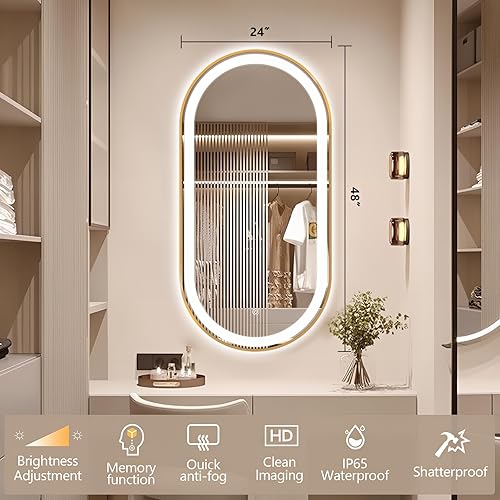 Miniatura 31 de Espejo de baño LED ovalado de 32 x 20 pulgadas con luces, espejo de tocador negro con luz antiniebla montado en la pared, espejo ovalado LED