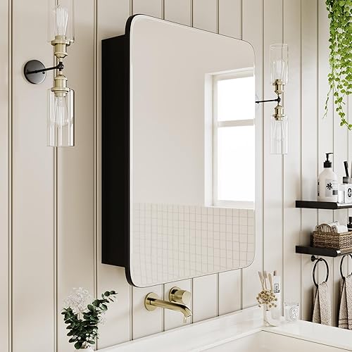 AGDULL Vintage-Style Bathroom Wood Black Cabinet with 16.5''x24'' Curved Mirror,