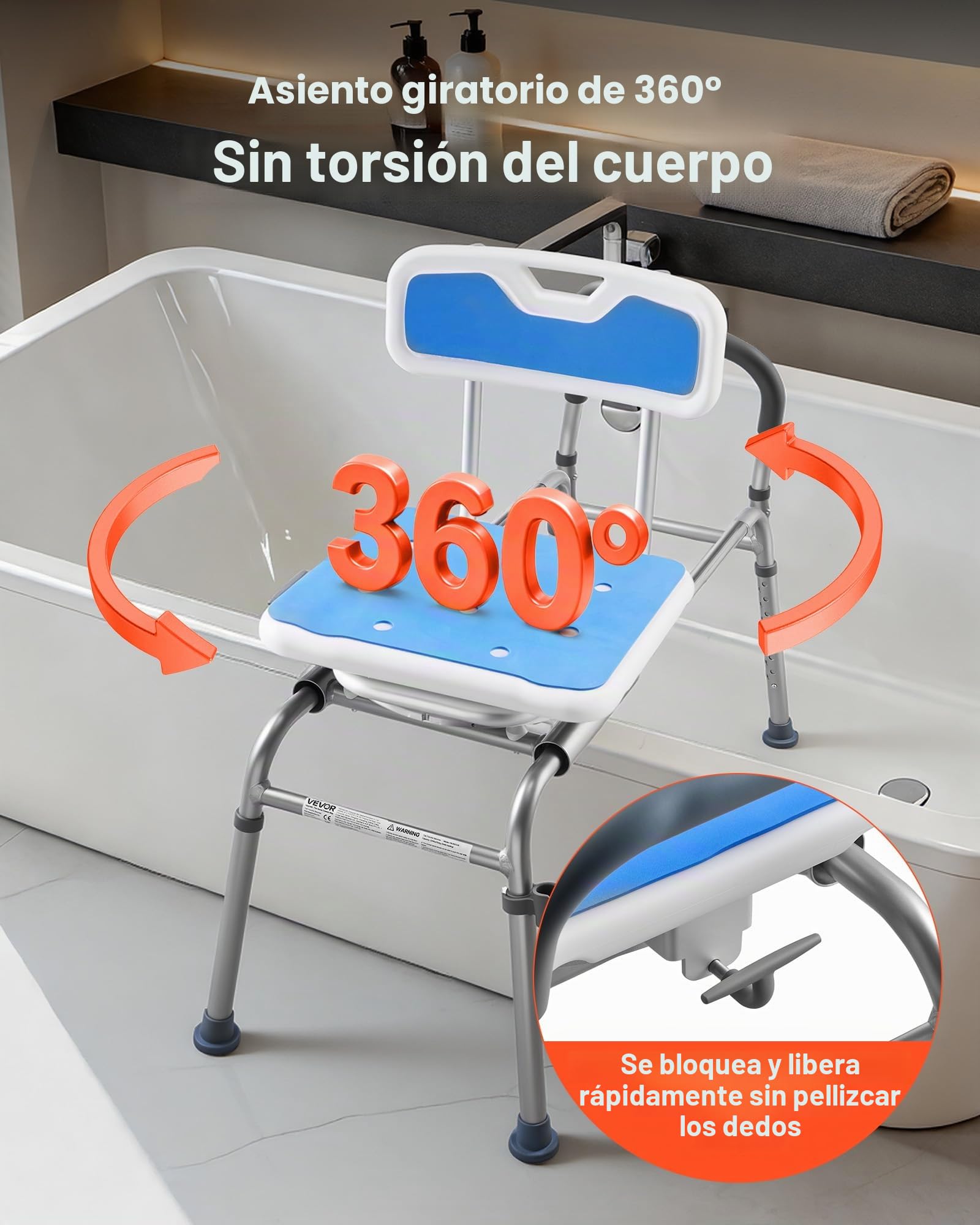 VEVOR Silla de Ducha con Asiento Giratorio, Asiento de Bañera Deslizante Carga de 180 kg, Banco de Transferencia de Bañera con Brazos y Respaldo, Ajuste de Altura 15 Niveles, para Personas Mayores