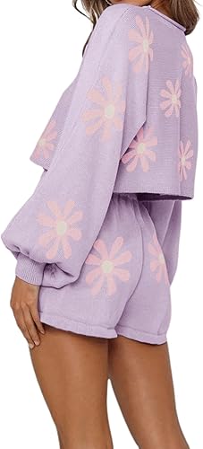 Miniatura 3 de Ekouaer Conjunto de pijama de punto para mujer, conjunto de descanso de manga larga abombada y pantalones cortos, conjuntos de 2 piezas, conjunto de