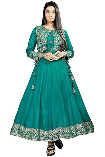SHREE KRISHNA CREATION Womens Beautiful Rayon Golden Printed Anarkali Kurti and Jacket/Anarkali Kurta with Jacket Kurti Jacket for Girls