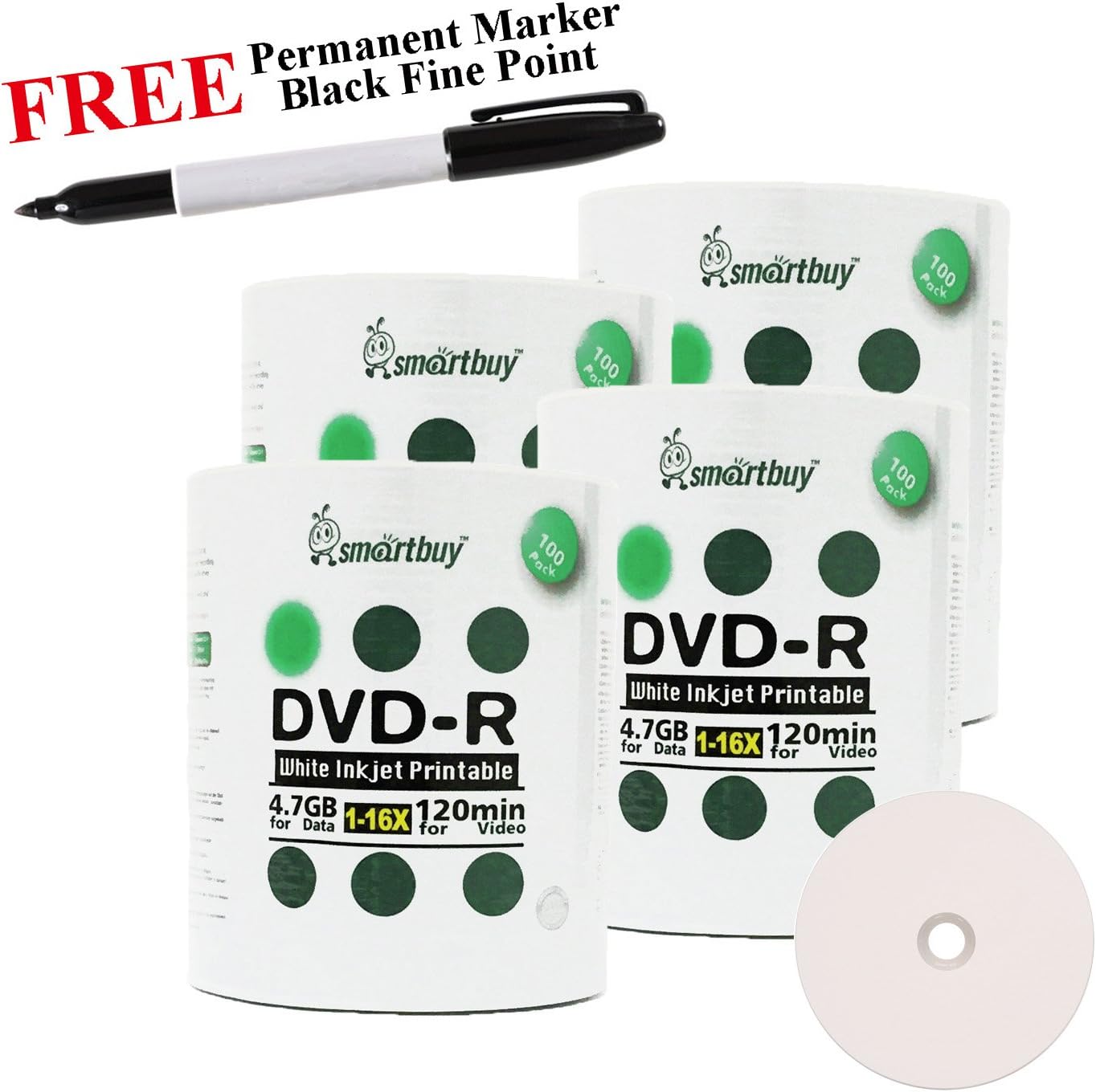 Smartbuy 400-disc 4.7GB/120min 16x DVD-R White Inkjet Hub Printable Blank Media Disc + Black Permanent Marker