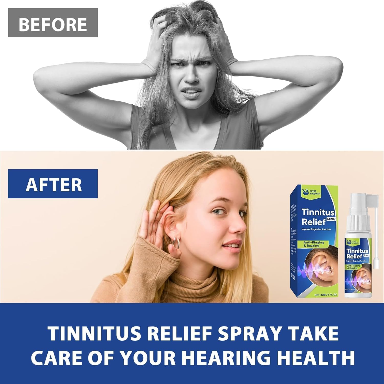 Tinnitus Relief Spray – Fast-Acting Formula for Ringing Ears, Natural Ear Care Spray to Reduce Noise & Improve Hearing, Non-Drowsy & Gentle for Women & Men, 1 FL.OZ
