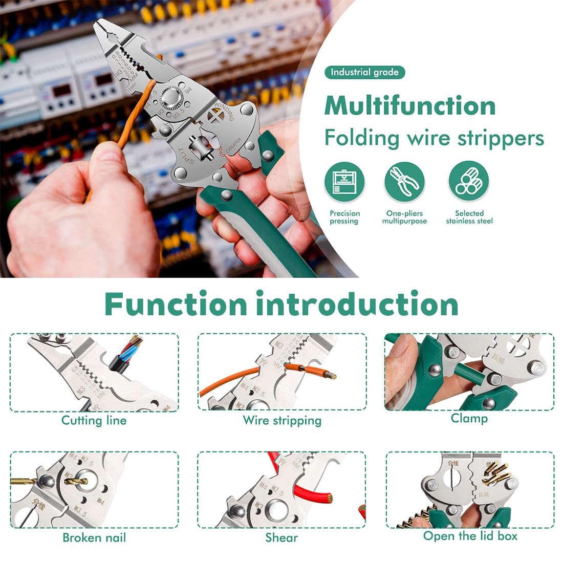 1 Pezzi Pinza Multiuso, 18 in 1 Pinza Spellacavi Elettrici Pieghevole, Elettricista 211 mm Attrezzi Elettricista Professionali, Crimpatrice per Installazioni Elettriche (Verde)