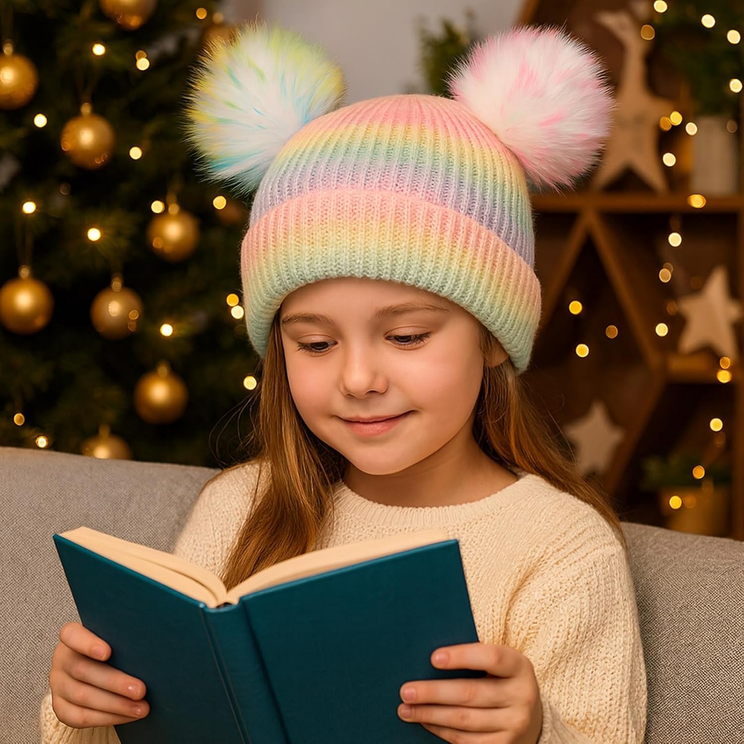 Girls Knit Beanie Hat and Glove Set Tie Dye Rainbow Pom Pom Beanies for Kids Winter Snow Ski Hats Caps 7-12 Years - Image 5