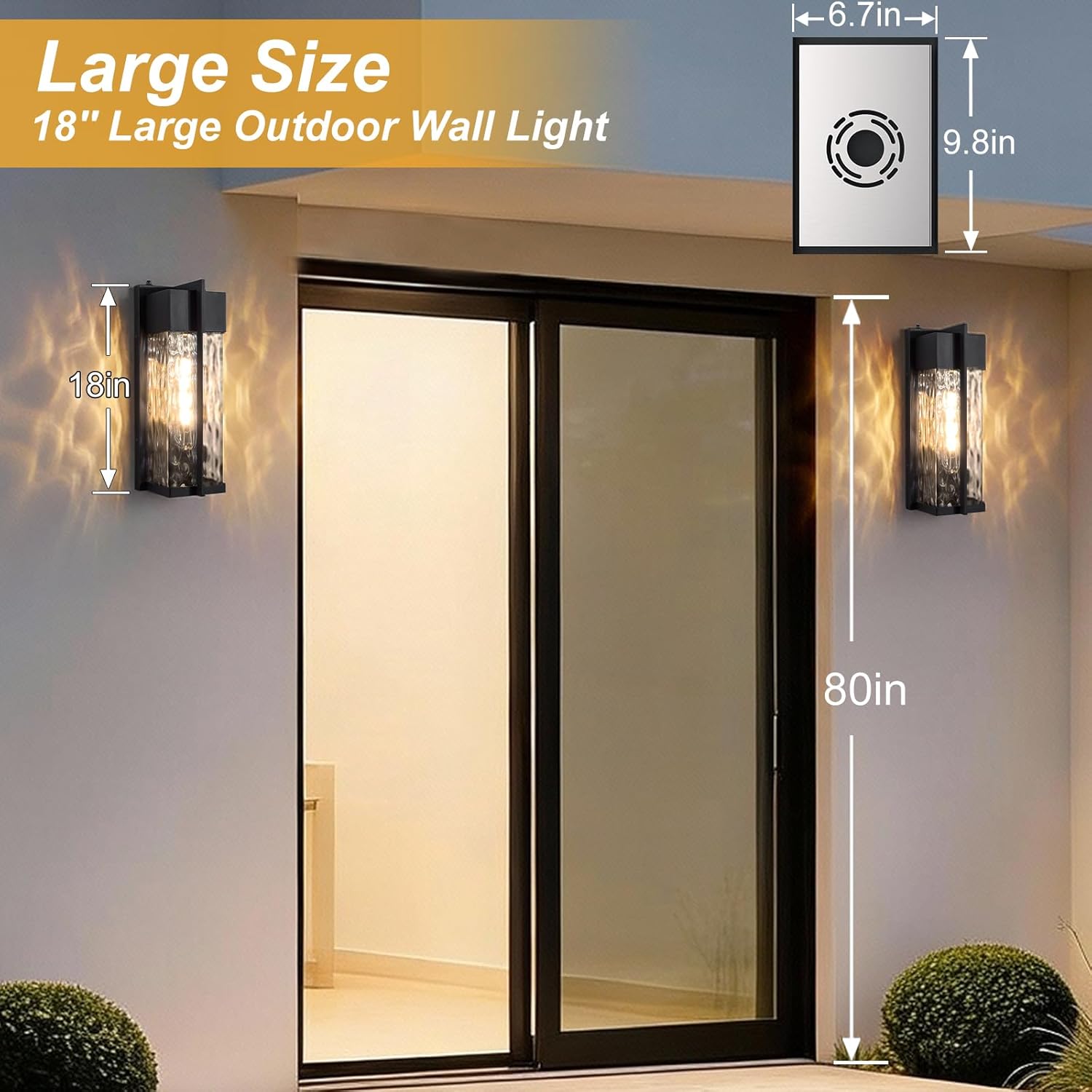 18IN Modern Exterior Lighting Fixtures(T300 Bulb Included), Dusk to Dawn Outdoor Lighting Waterproof Rippled Glass Wall Sconces, Open Bottom Outside Lights for House, Porch, Garage(Black)