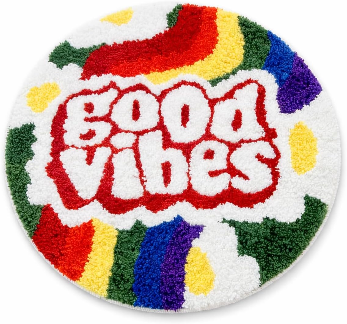 Colorful Round Tufted Area Rug, Irregular Decorative Accent Rug with Retro Letter Design, Soft Handmade Tufted Floor Mat for Living Room Bedroom Dorm Decor