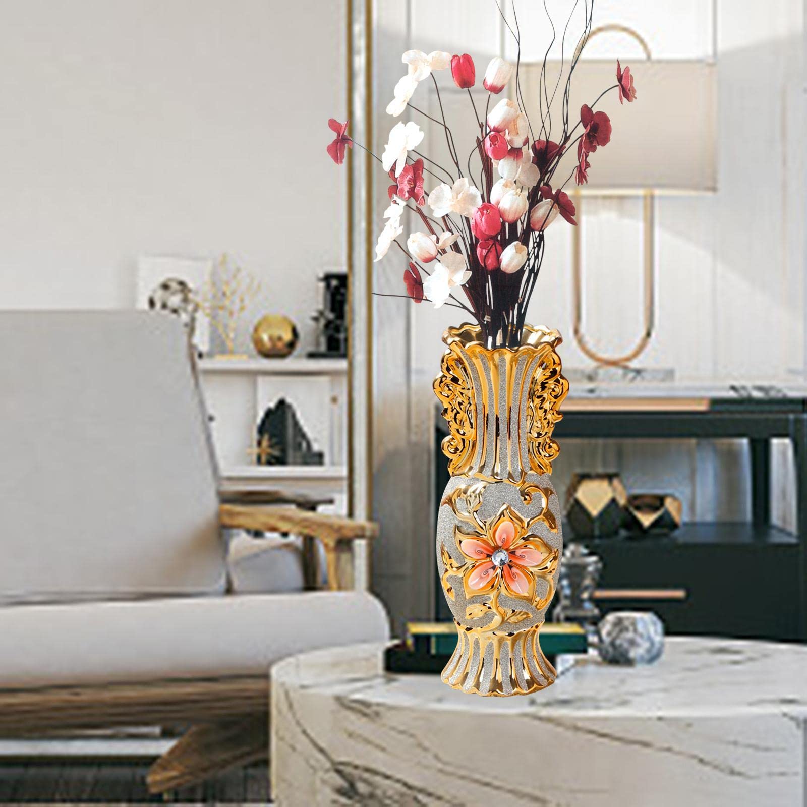 Keramikvase Europäischer Stil Blumenvasen Deko Ornament Tischdeko Goldene Muster Eleganz Aus für Hochzeit Geschenk Wohnzimmer Büro Café Bar Re, StilC