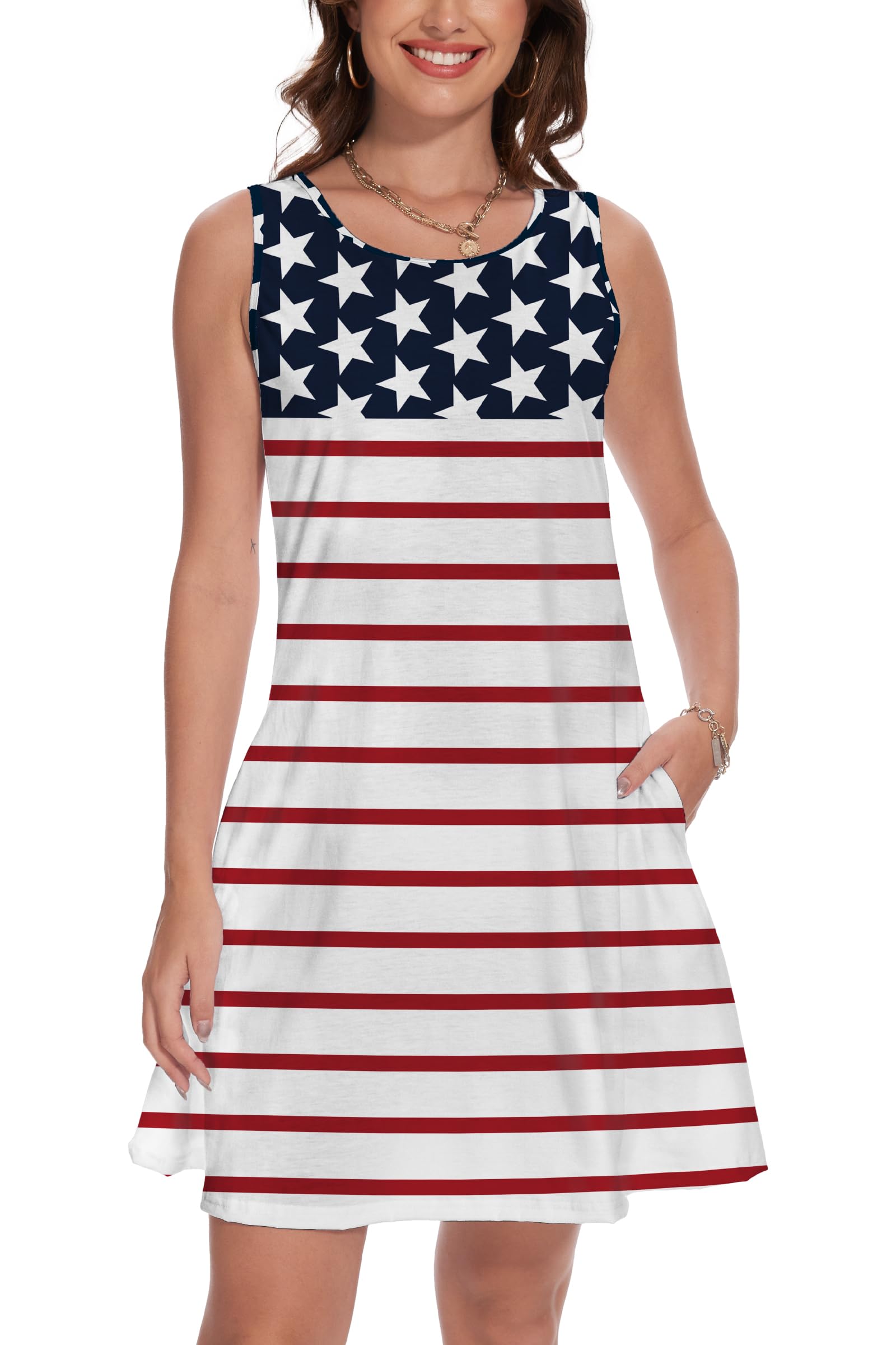 TMSD Women's July 4th Tank Dresse Independence Day Sleeveless Red White Blue Frock USA Flag Patriotic Dress with Pockets