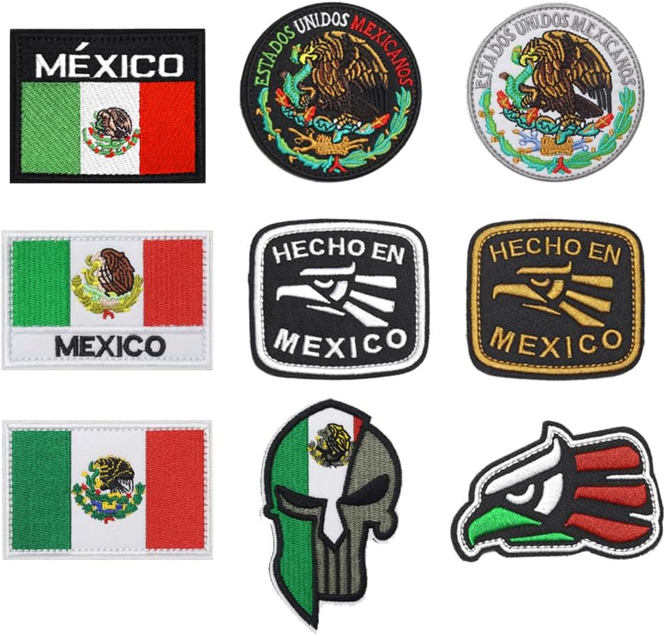 9 Pcs Mexico Embroidered Flag Patch Hook & Loop Funny Badge Emblem Tactical Military Fastener Applique Army Costume Accessories Mexican Eagle Patches for Backpacks,Jacket,Hats,Vest,Jeans,Clothes