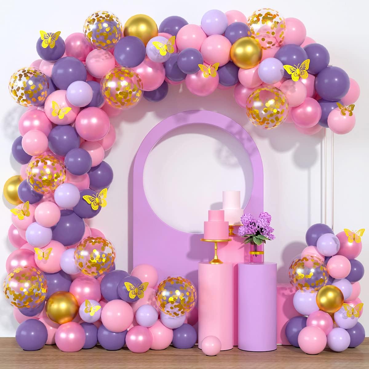 Purple Pink Butterfly Balloon Garland Kit 105pcs Lavender Purple Pastel Pink Gold Latex Confetti Balloons Arch for Baby Shower Princess Girl Birthday Party Decorations