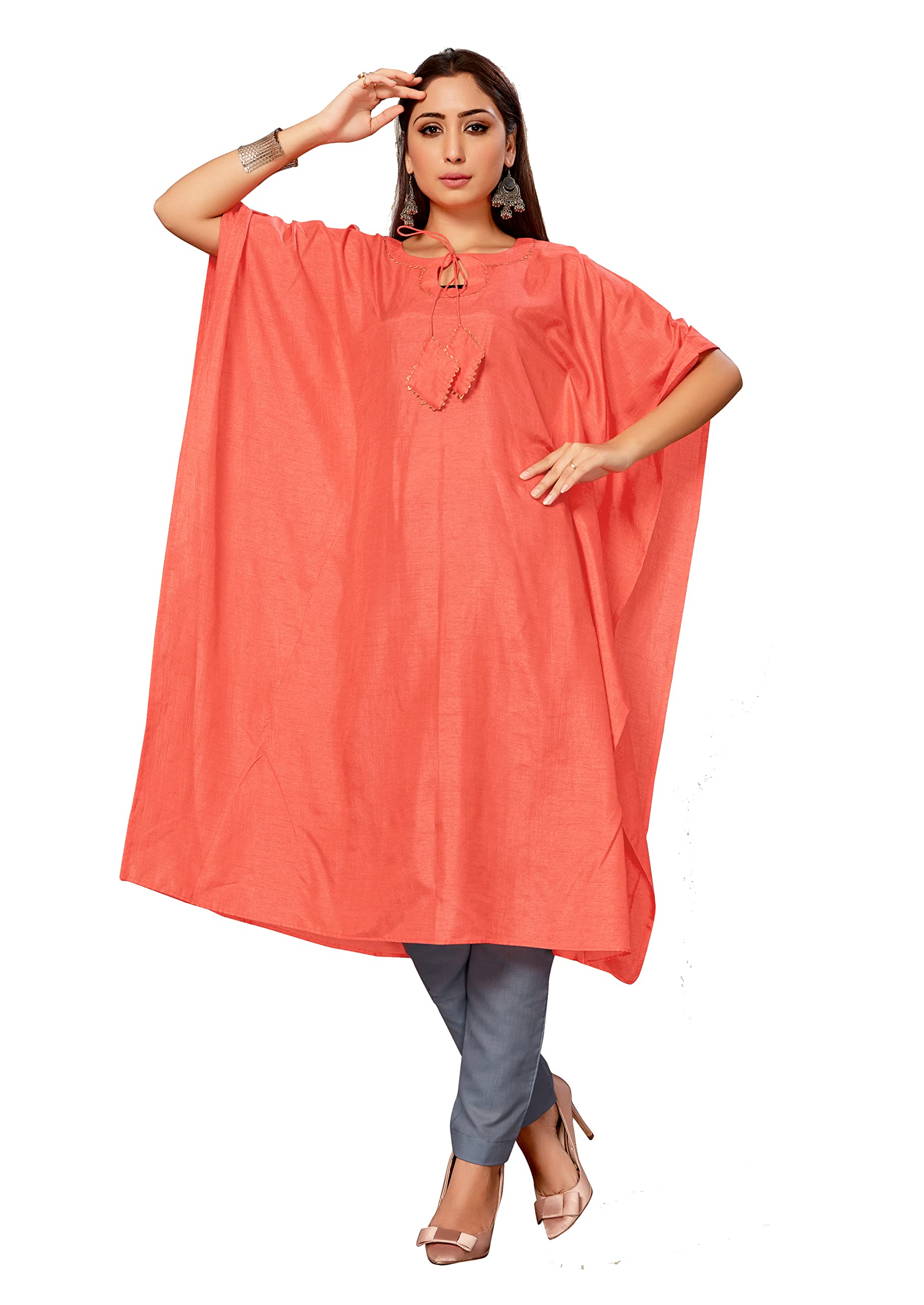 Zeyan Fabrics Plan Freestyle, Round Nack,Peach Color Kaftan for Women
