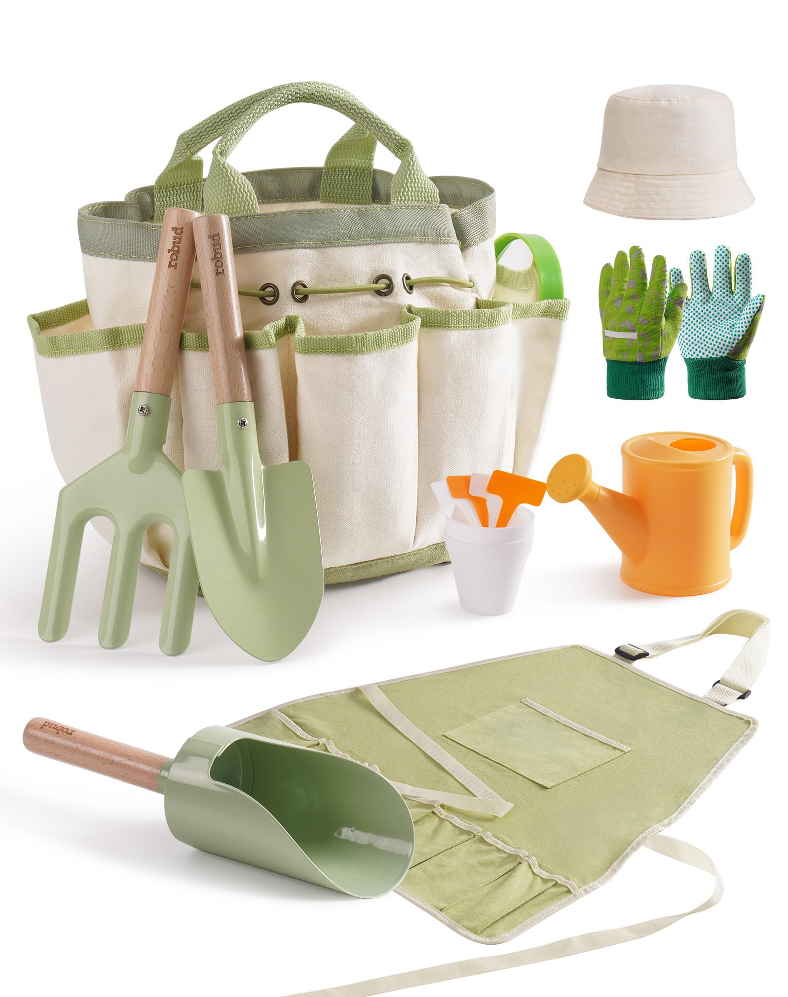 ROBUD Kids Gardening Set, 18 PCS Toddler Garden Tools Kit with Apron, Gloves, Shovel, Fork, Watering Can, Cylinder Scoop