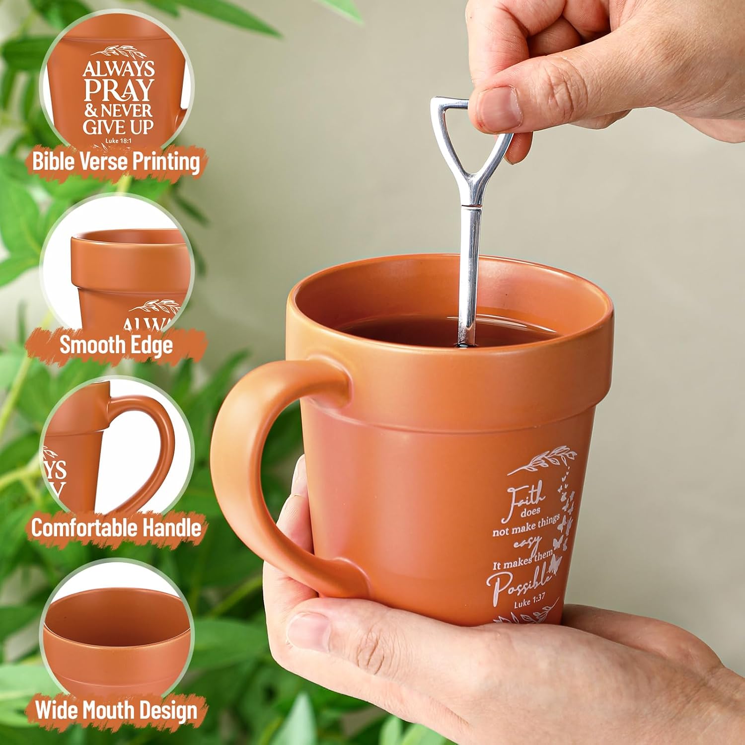 12 Pcs Mother's Day Christian Gifts for Women 11oz Flowerpot Bible Verse Coffee Mugs with Shovel Spoons Bulk Religious Gifts for Mom Grandma Church Pastor Sunday School Teacher Team(Leaf)