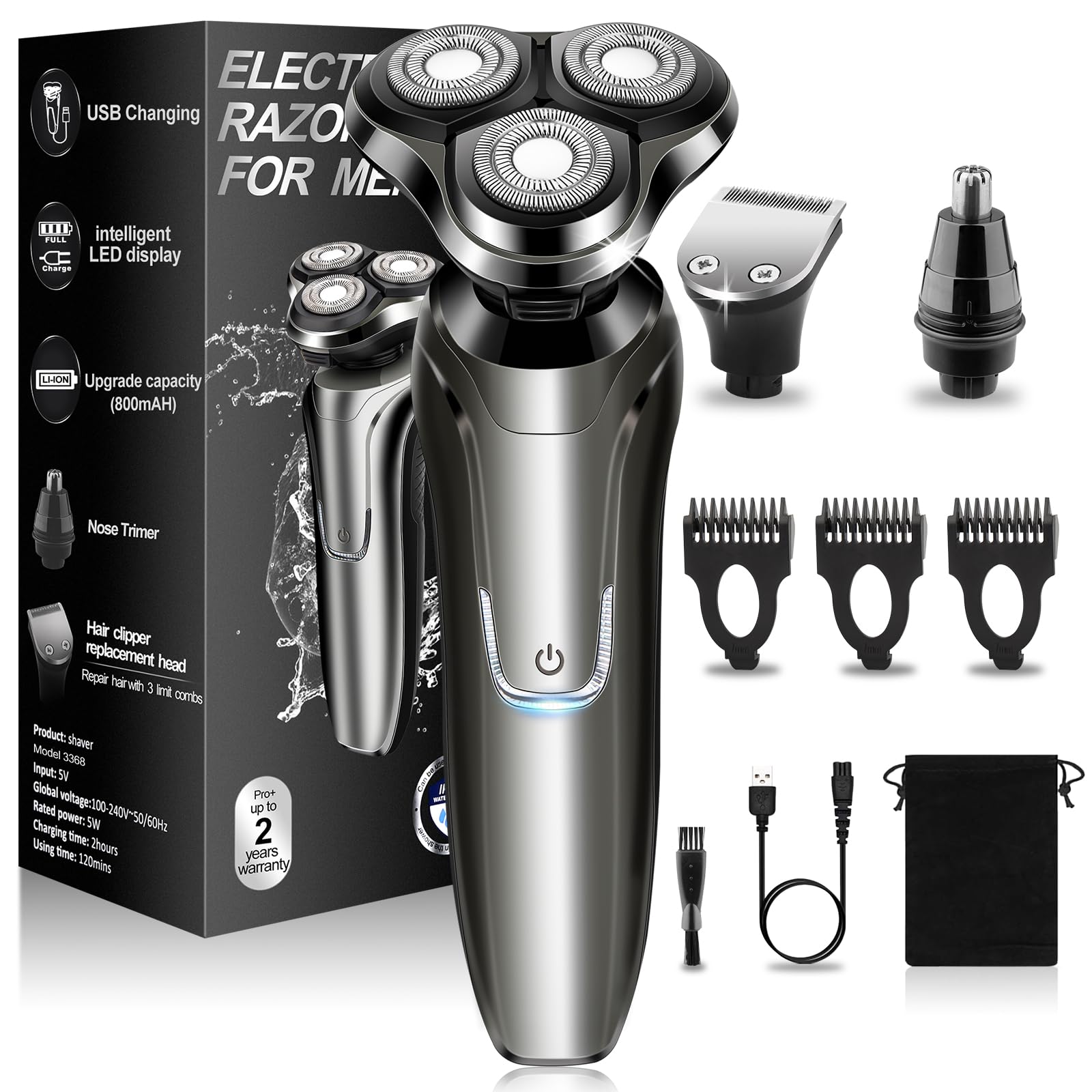 Electric Razor for Men, Men's Rotary Shavers, Waterproof,Wet and Dry Rechargeable Electric Shaver for Men's Faces with a Cordless and Floating Head, Portable Travel Razor,an Ideal Gift for Men Gray