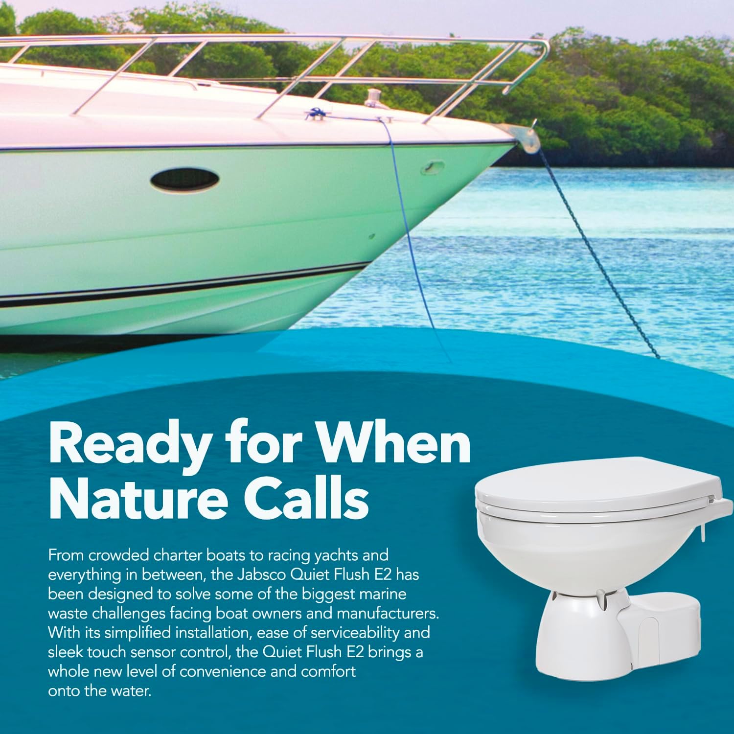 Jabsco 38045-4192 Quiet Flush E2 Electric Marine Toilet - Touch Sensor Flush Panel, Eco Water-Saving Flush, Rotatable Base, Easy Install & Service Head, Fresh Water w/Solenoid, Regular Bowl, 12 Volt