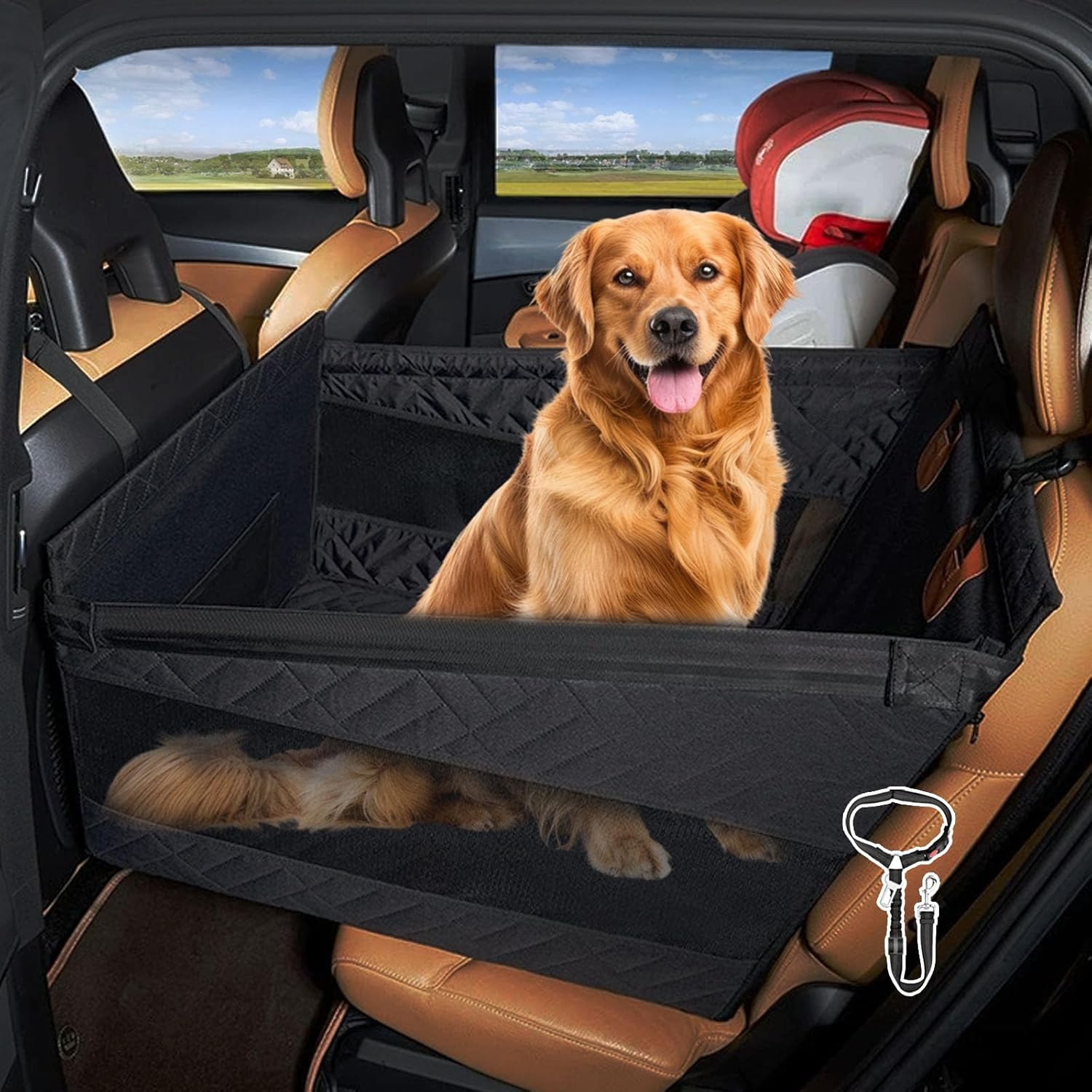 Large Dog Car Seat for Dogs, Back Seats Extender for Dogs with Seats Belt, Waterproof Medium Carseat for Dog with Hard Bottom, Pet Seat Cover for Cars, Trucks and SUVs (Large Black)