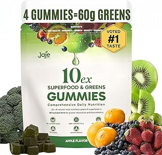 10ex Supergreens Gummies w/Probiotics. 40 Superfoods & Super Greens. 10x More Nutrients. Multivitamins & Antioxidants from Whole Foods. Healthy Snacks for Adults. Keto, Low Carb, Low Calorie Snacks.