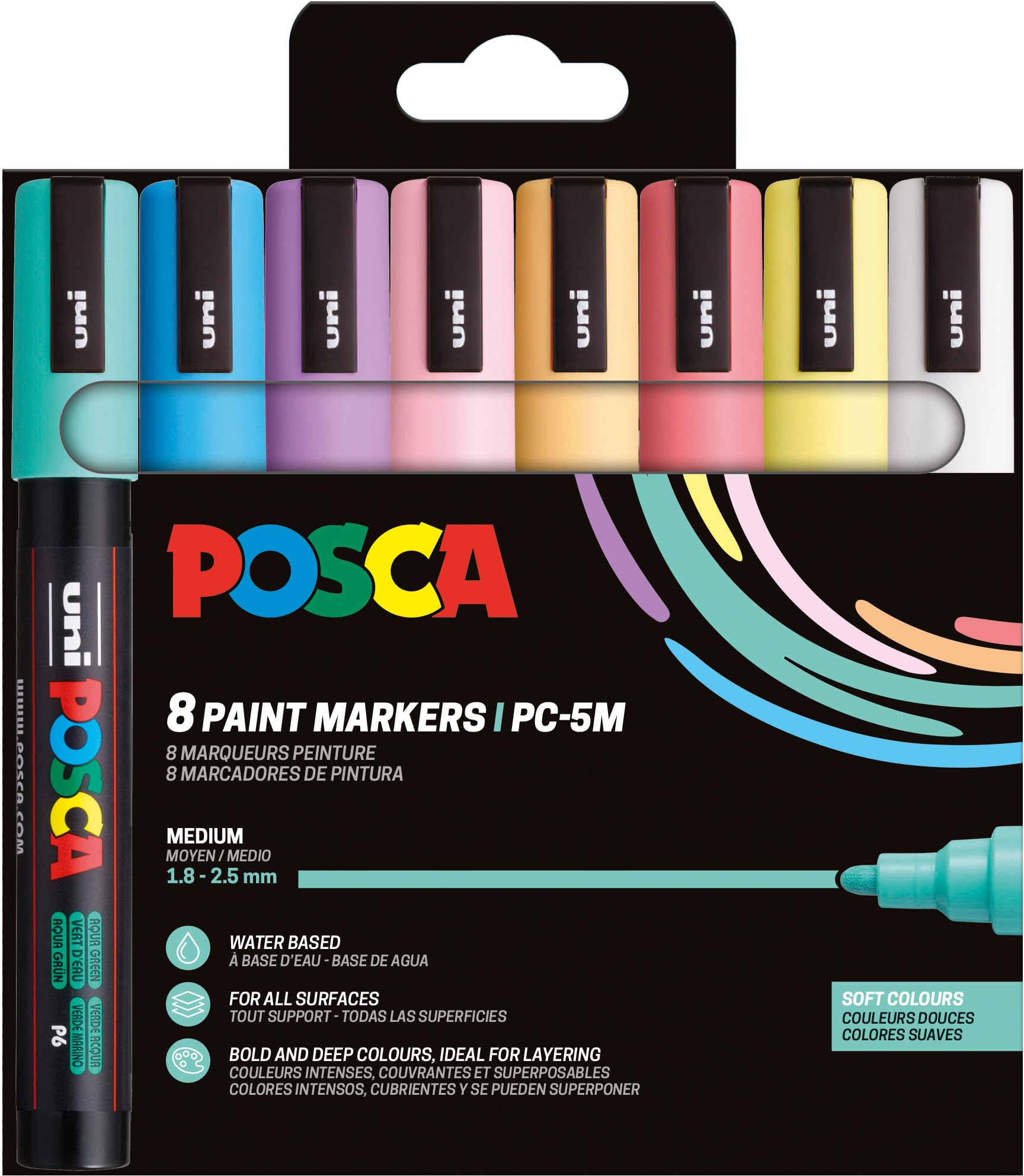 POSCA 182552 - Set de rotuladores POSCA, 8 rotuladores acrílicos PC-5M, rotuladores permanentes con punta redonda de 1,8-2,5 mm