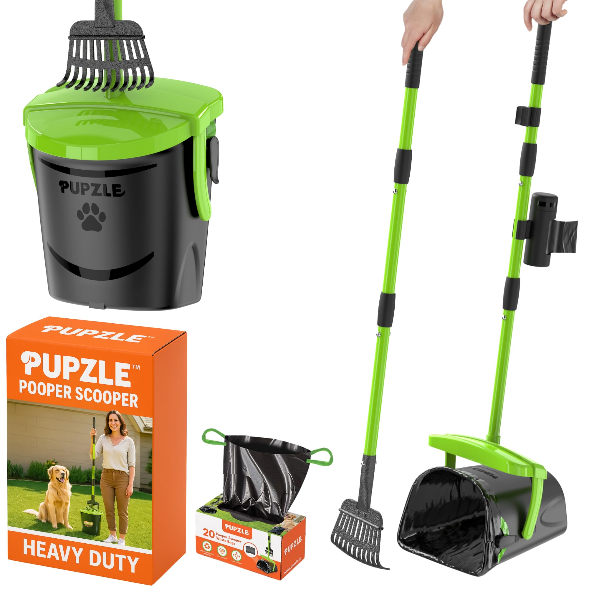 Pupzle Dog Pooper Scooper with Bag Attachment, 40" Long Handle Pooper Scooper for Large Dogs, Dog Poop Scoop for Yard, Large Capacity Swivel Bin and Rake, Lavender Scented Bags (Green)