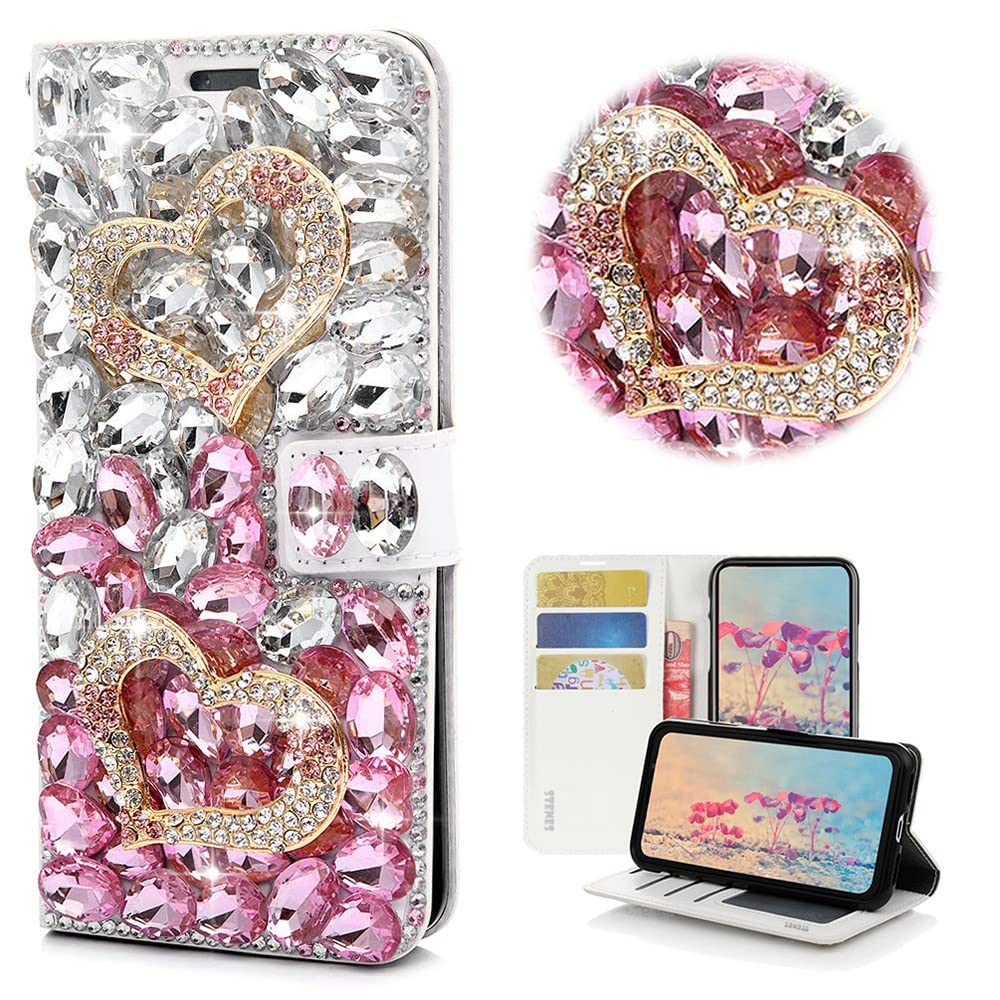 STENES Bling Wallet Phone Case Compatible with Samsung Galaxy S21 Plus Case - Stylish - 3D Handmade Crystal Heart Magnetic Wallet Stand Leather Cover