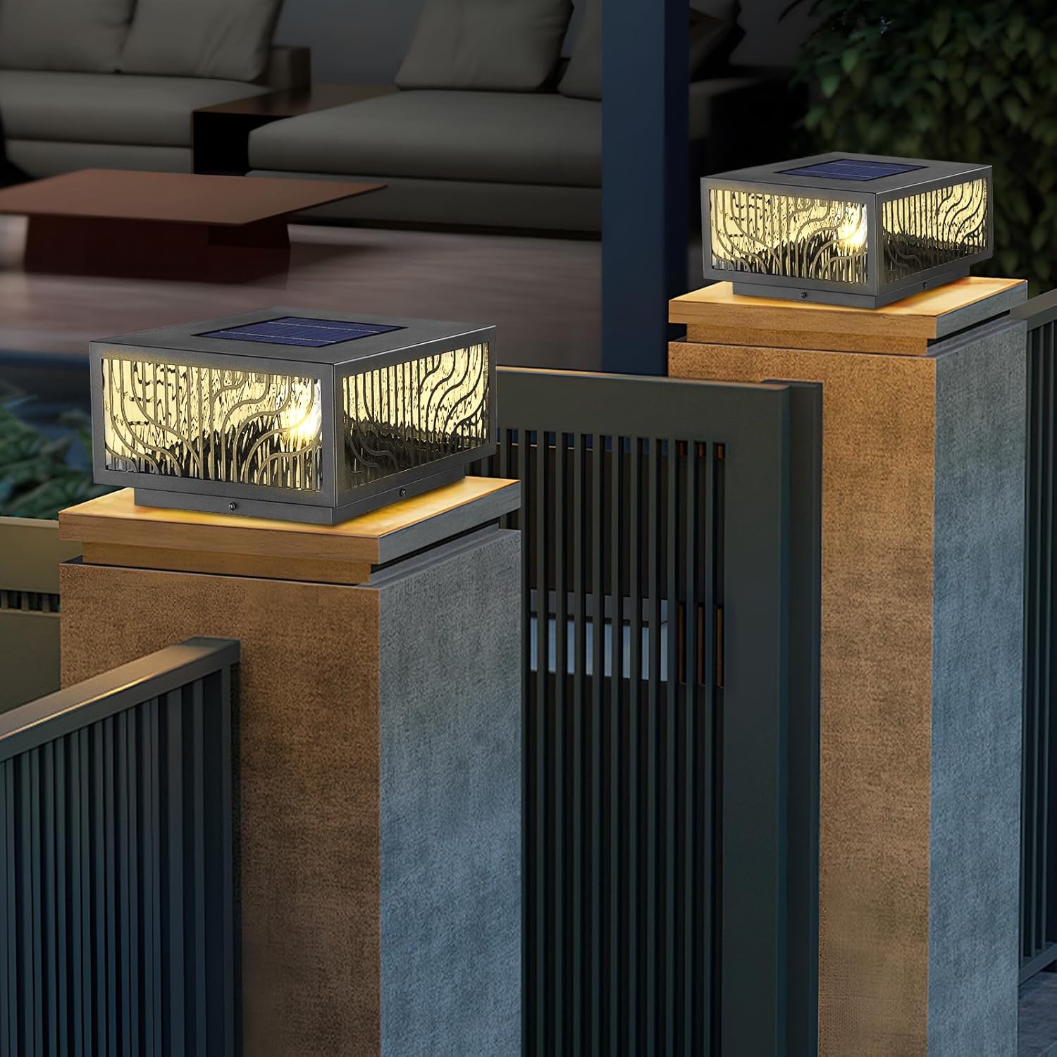 Solar Pillar Light Outdoor,Dusk to Dawn Waterproof Solar Column Cap Lights,Modern Square LED 2700K outdoor column light for Garden Patio Porch Decoration with E26 Bulb,Remote Control (W11.8*H6.3)