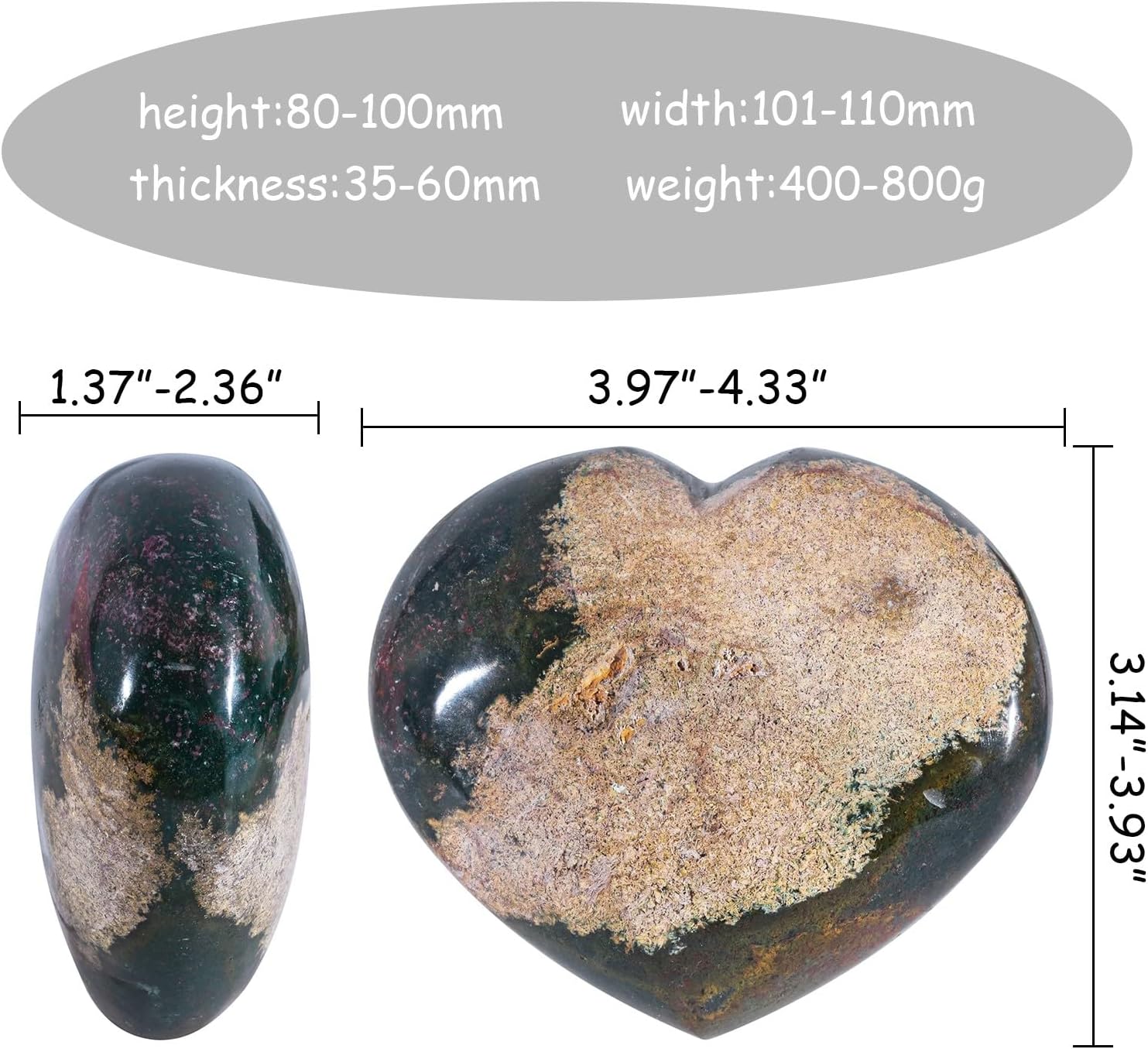 TUMBEELLUWA Natural Ocean Jasper Crystal Heart Puff Stone, Healing Worry Stone for Stress Relief Relaxation Meditation, 3.98-4.33 Inch