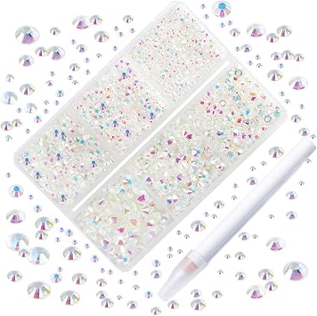 AD Beads 4300 Pieces Flat Back Nail Art Rhinestones Round Beads 6 Sizes 2-6.5mm with Storage Organizer Box,Rhinestones Picking Pen for Nail Art Phone Decorations Crafts DIY Transparent AB