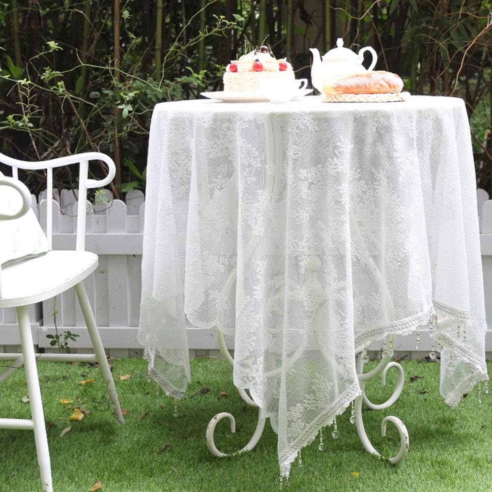 vctops Lace Floral Embroidered Tablecloth Vintage Bead Tassels Square Table Cloth Overlay for Wedding Party Banquet Romantic Decorations (White,57"x57")