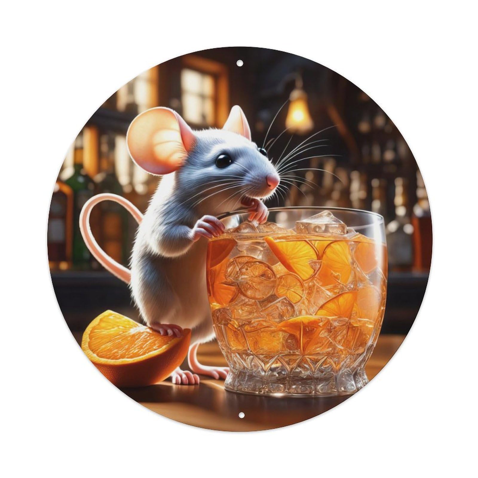 Animal Artwork Juice Drinking Mouse Vintage Metal Tin Sign Plaque Wall Decor for Cafe, Club Bar, Office, Garden Metal Poster 8x8Inch