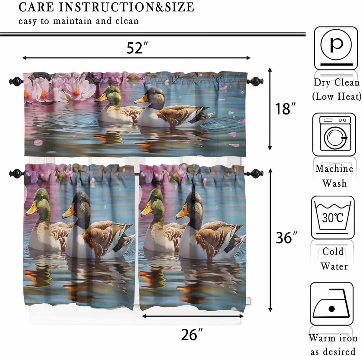 Mallard Duck 3 Piece Window Curtain Set Spring Nature Reed Field Pond Tulips Wild Ducks Rod Pocket Short Tier Curtain Small Cafe Drapes for Kitchen Decor
