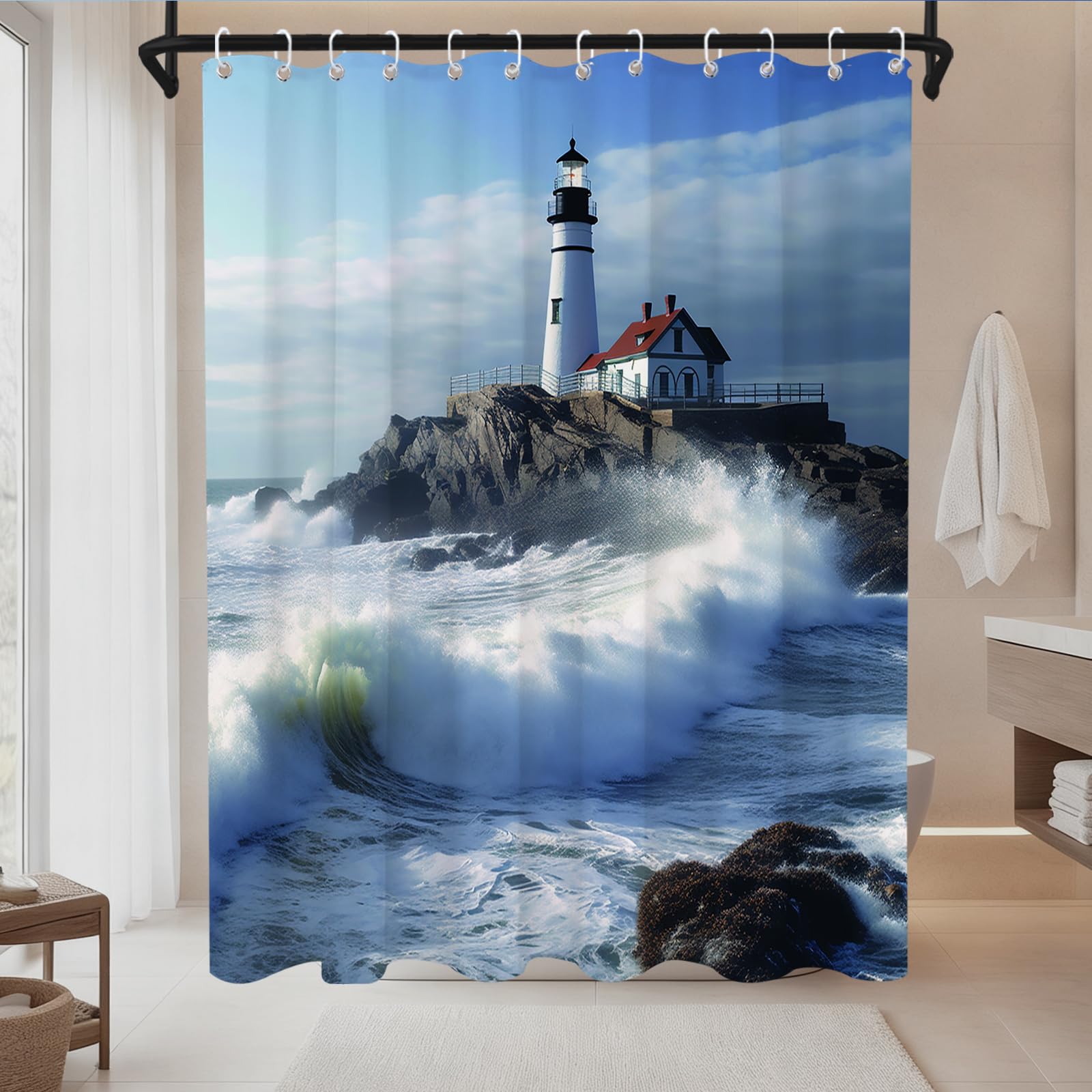 OTRANTO Coastal Nautical Shower Curtain, Summer Ocean Shower Curtain Set, Custom Lighthouse Bathroom Curtains, Waterproof Rust-Proof Grommets with Hooks, Machine Washable, 72x78 in, Blue White