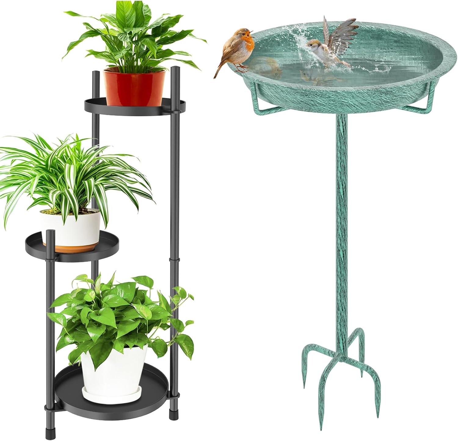 3 Tier Plant Stand Indoor & Metal Bird Bath for Outside Garden Birdbath Bowl, Black Metal Corner Plant Stands & Birdbath for Garden Balcony Patio Decor