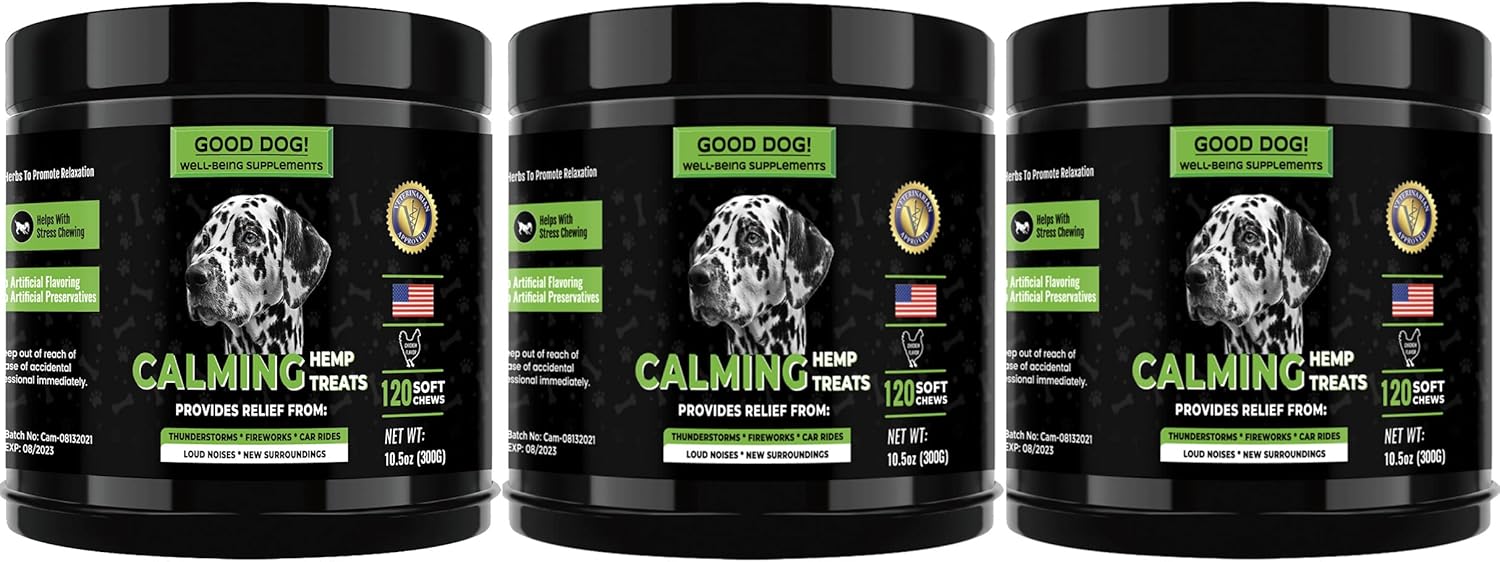 Maximum Strength Dog Calming Chews - Made with All Natural Ingredients Including Organic Hemp - 120 Soft Chews Each - for Anxious Dogs in Stressful Situations - 3 Pack