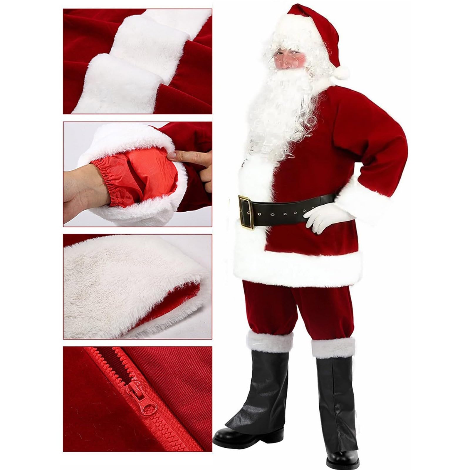 Faschingskostüme Damen Weihnachtsmann Kostüm Set Herren 9 Teilig Rot Samt Mütze Bart Hose Stiefel Cosplay Weihnachtsmannkostüm Herren Komplett