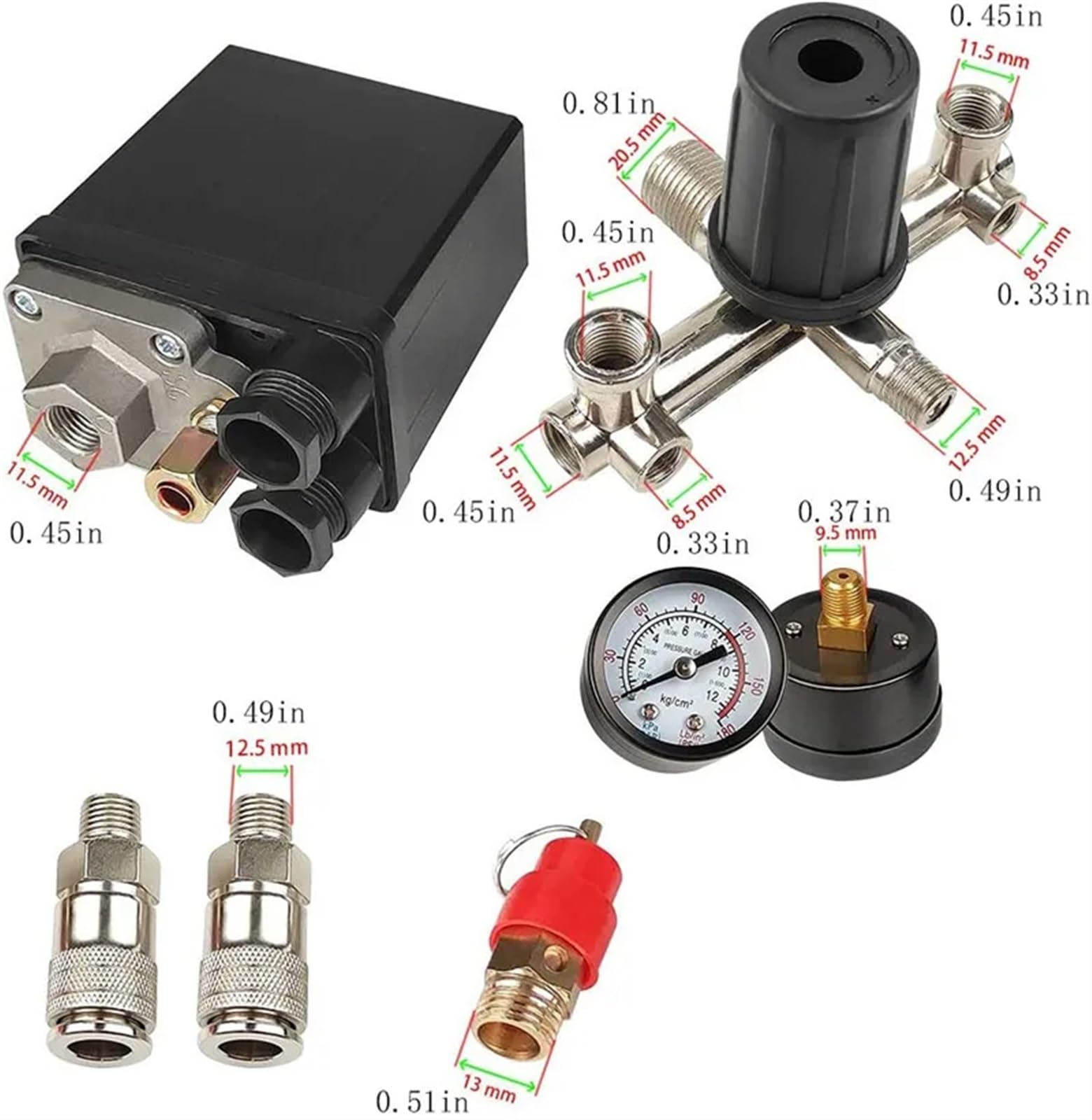 Bomba de compresor Aire 220V/380V 90-120 PSI con Interruptor presión, válvula Control, regulador Alivio del colector manómetro(220v)