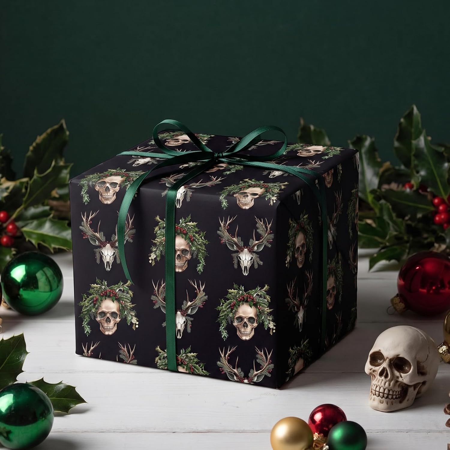 RUSPEPA Gothic Christmas Wrapping Paper Roll, Mini Roll, Skull & Antler with Holly Wreath Design, Dark Gift Wrapping Paper for Teens, Christmas, Holiday, Gothic Theme Party, 17 Inches x 16.4 Feet image 3