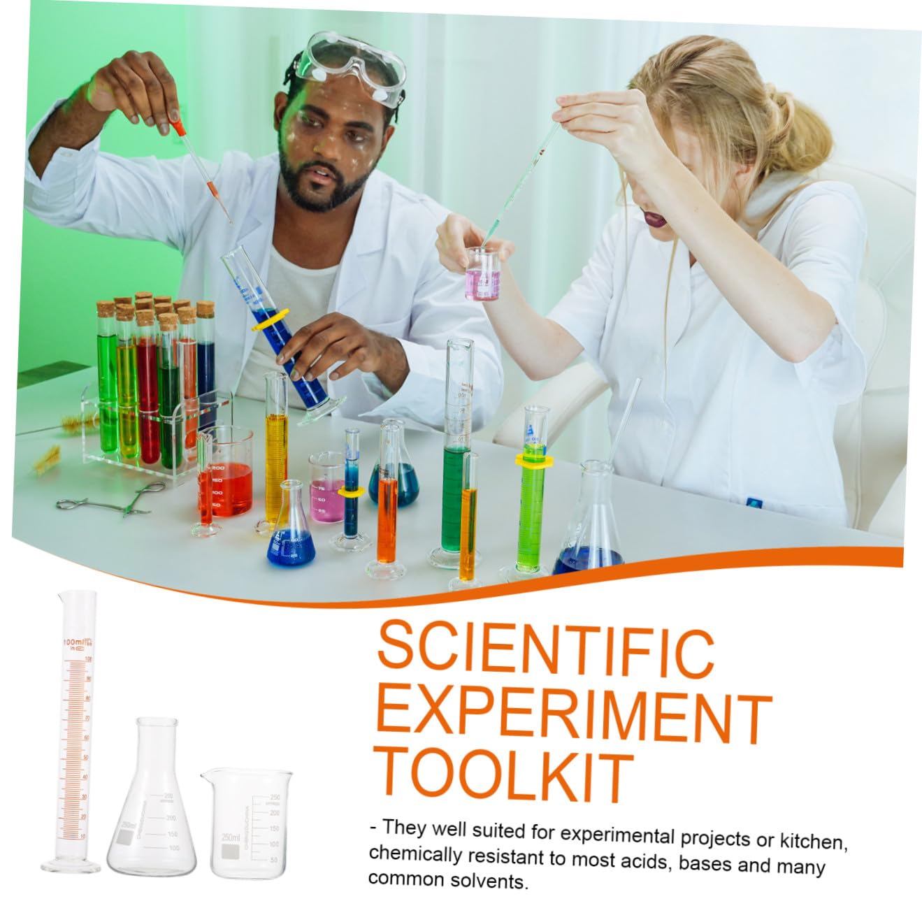 Scientific Laboratory Tool Set 250ml Beaker, 250ml Large Mouth Conical Flask, 100ml Glass Measuring Cylinder with Graduated Scale for Lab Experiments and Scientific Testing