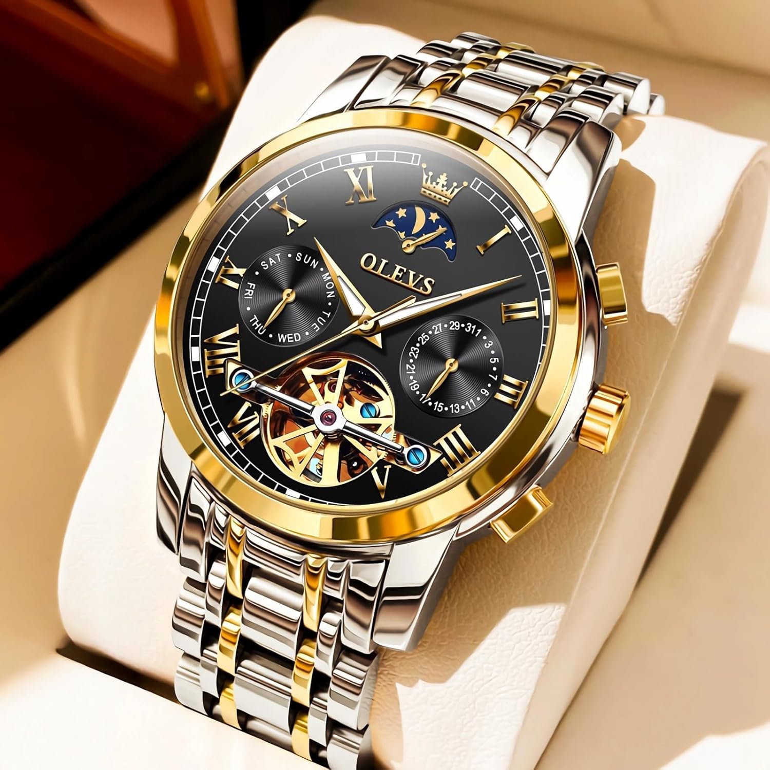 OLEVS Mens Automatic Watches Skeleton Tourbillon Mechanical Self Winding Luxury Dress Wrist Watch Moon Phase Day Date Waterproof Luminous Watch Gifts - Image 6